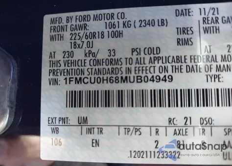 2021 Ford Escape Sel z USA, uszkodzony, nr VIN 1FMCU0H68MUB04949